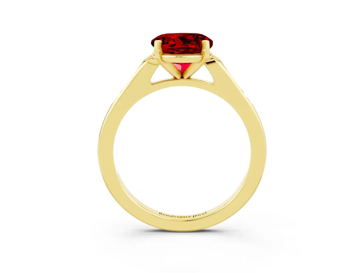 Round Cut Ruby Solitaire Ring with Channel Set Round Band and Prong Setting Yellow gold