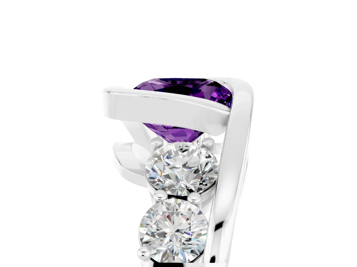 Bezel Set Cushion Cut Amethyst Bypass Ring with Round Accents Platinum