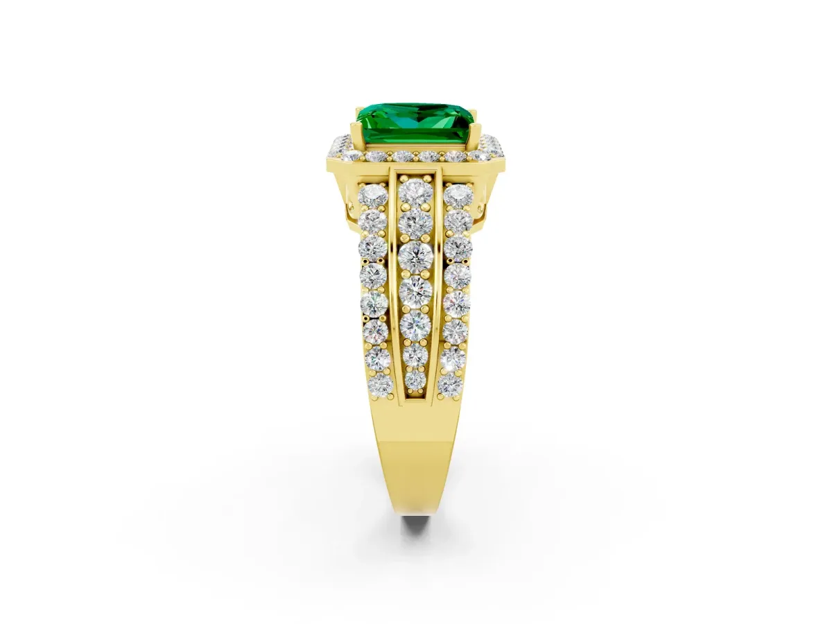 Princess Cut Halo Emerald Ring with Round Split Shank and Prong Setting Yellow gold