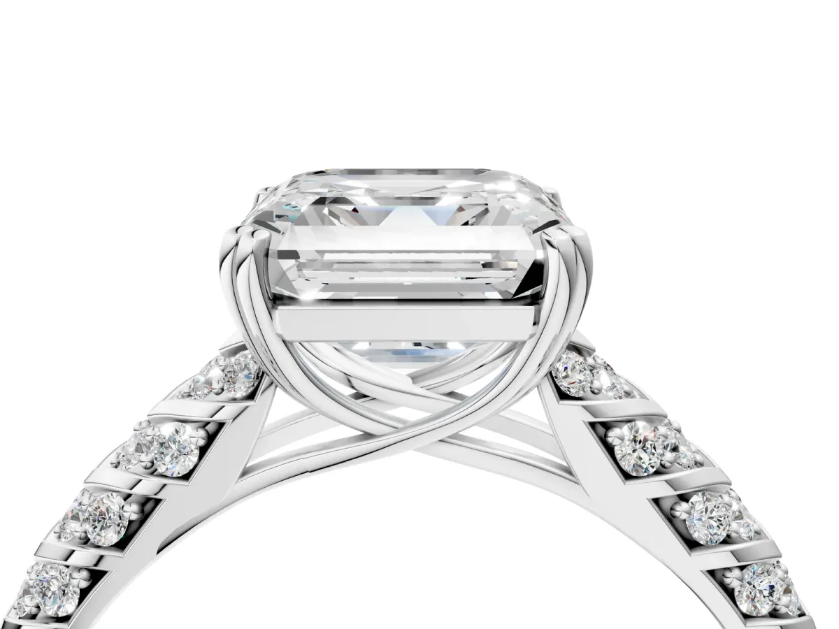 Asscher Cut Solitaire Chevron Pave Diamond Engagement Ring with Six-Prong Setting Platinum