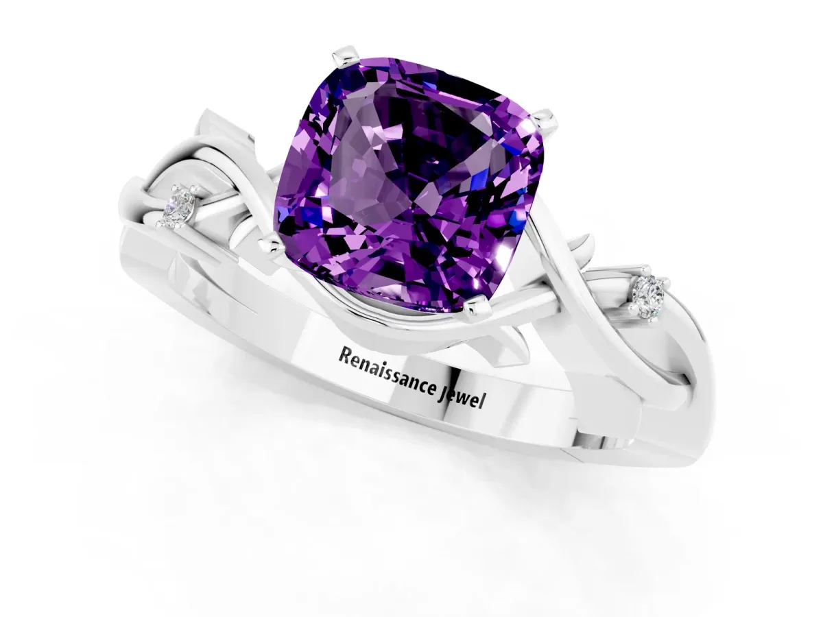 Cushion Cut Amethyst Solitaire Ring with Twisted Band and Prong Setting Silver
