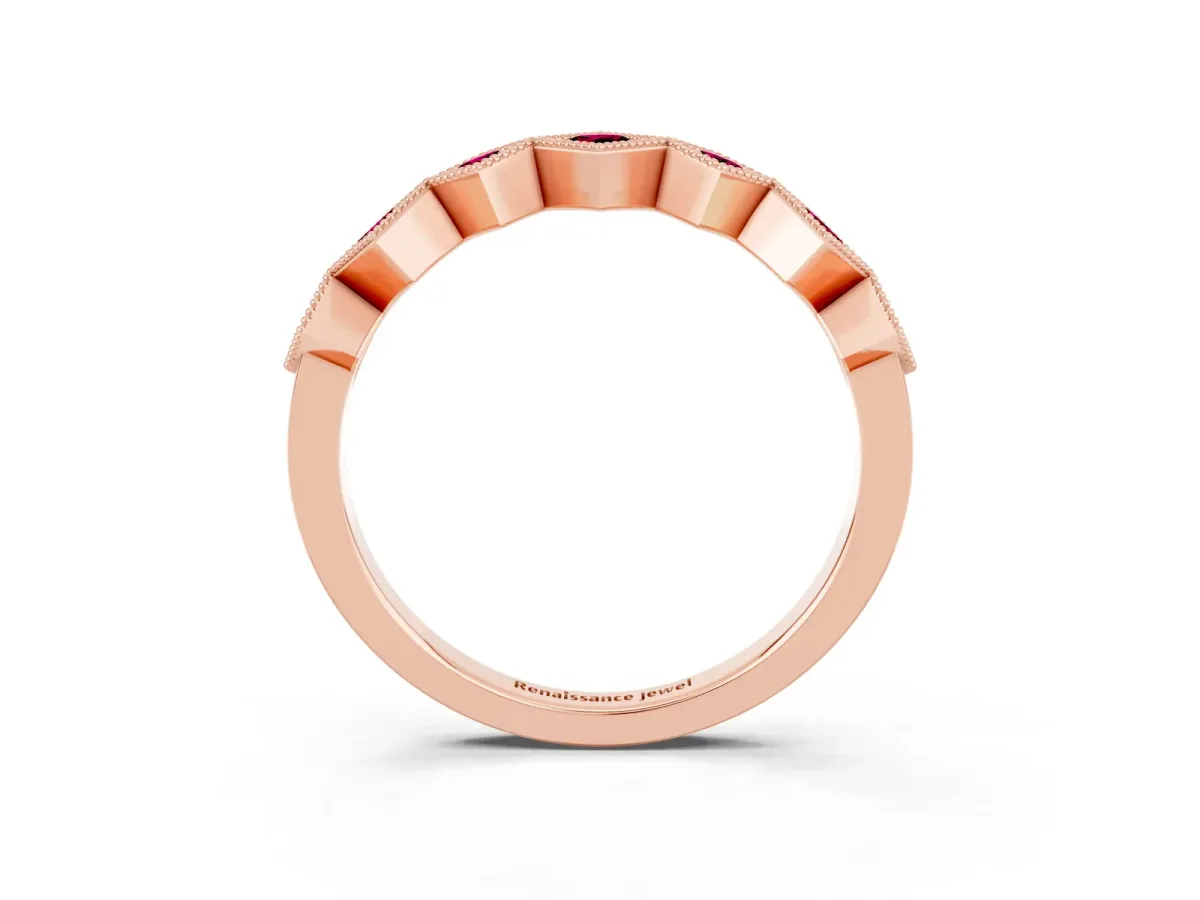 Milgrain Square Bezel Round Garnet Chevron Band Rose gold