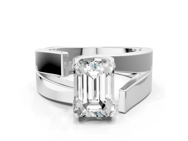 Modern Tension Set Emerald Cut Diamond Solitaire Wide Band Ring Platinum