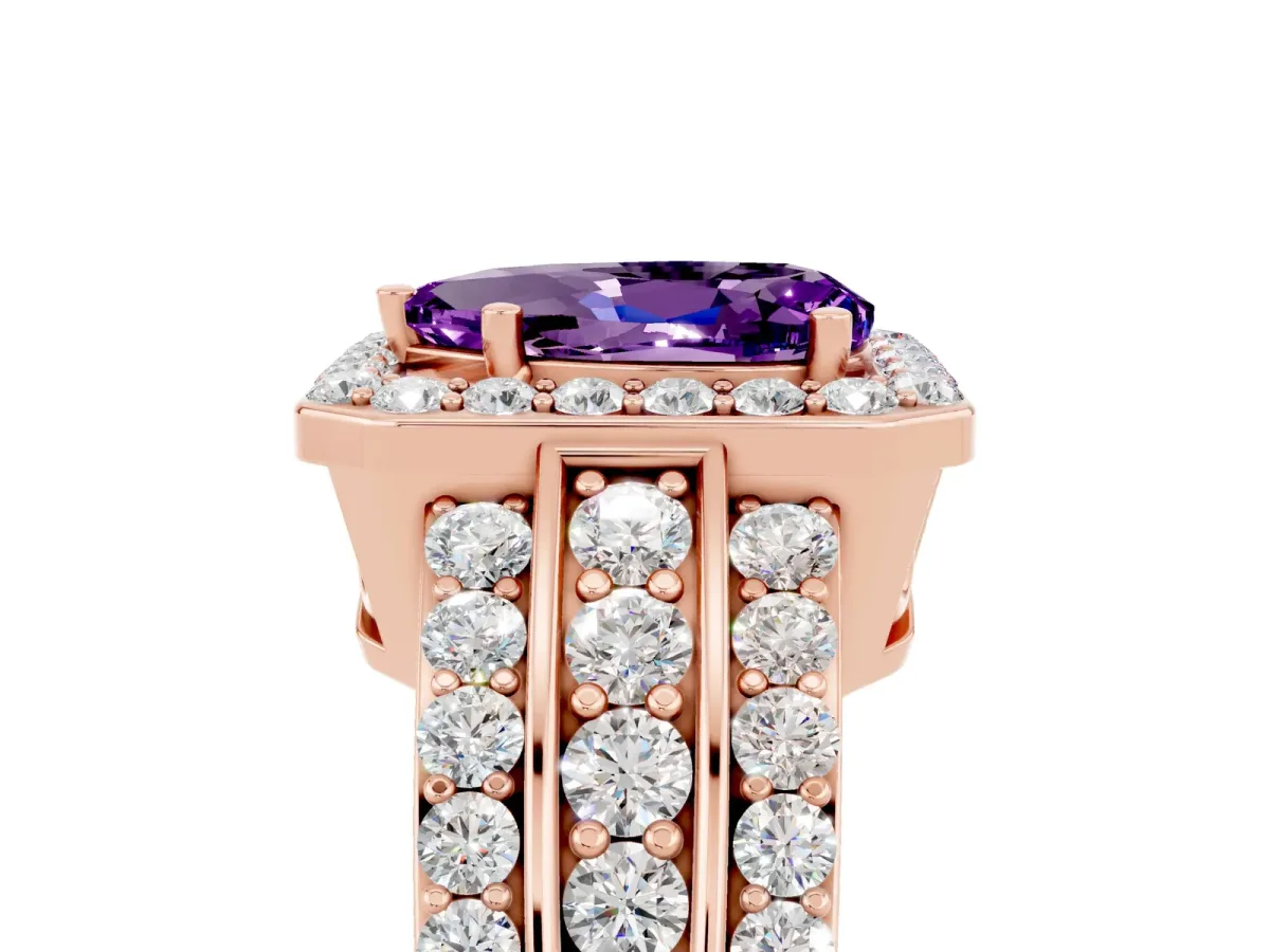 Pear Cut Halo Amethyst Ring with Round Split Shank and Prong Setting Rose gold