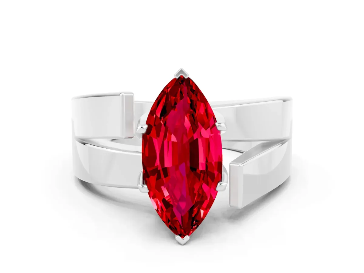 Modern Tension Set Marquise Cut Ruby Solitaire Wide Band Ring Platinum