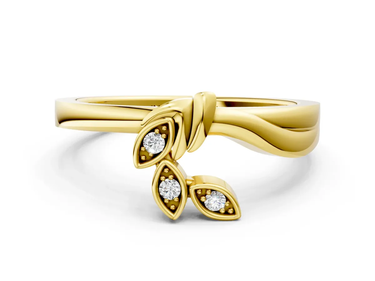 Three-Stone Round Diamond Leaf Bypass Ring with Bezel Setting Yellow gold