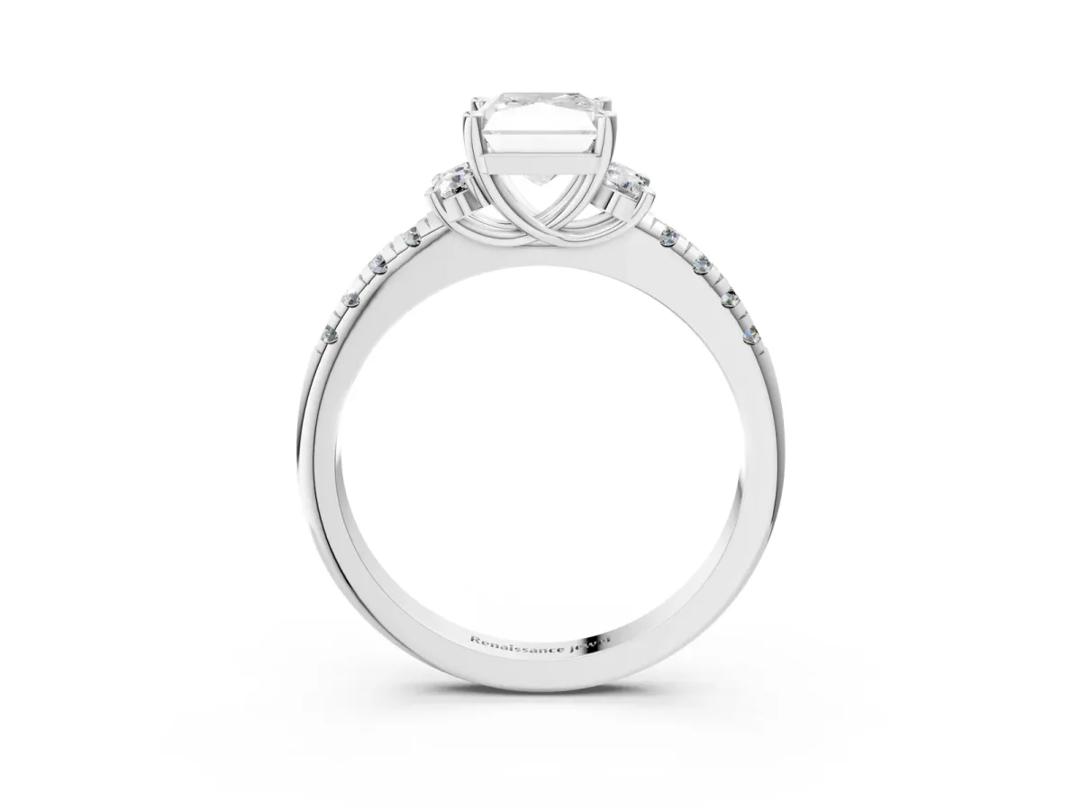 Radiant Cut Diamond Three-Stone Pave Band with Four-Prong Setting Platinum