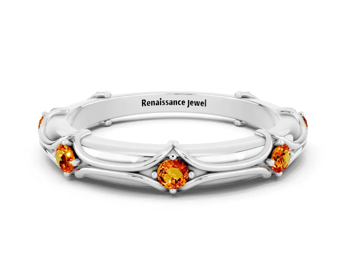 Round Citrine Prong Set Milgrain Eternity Band Silver