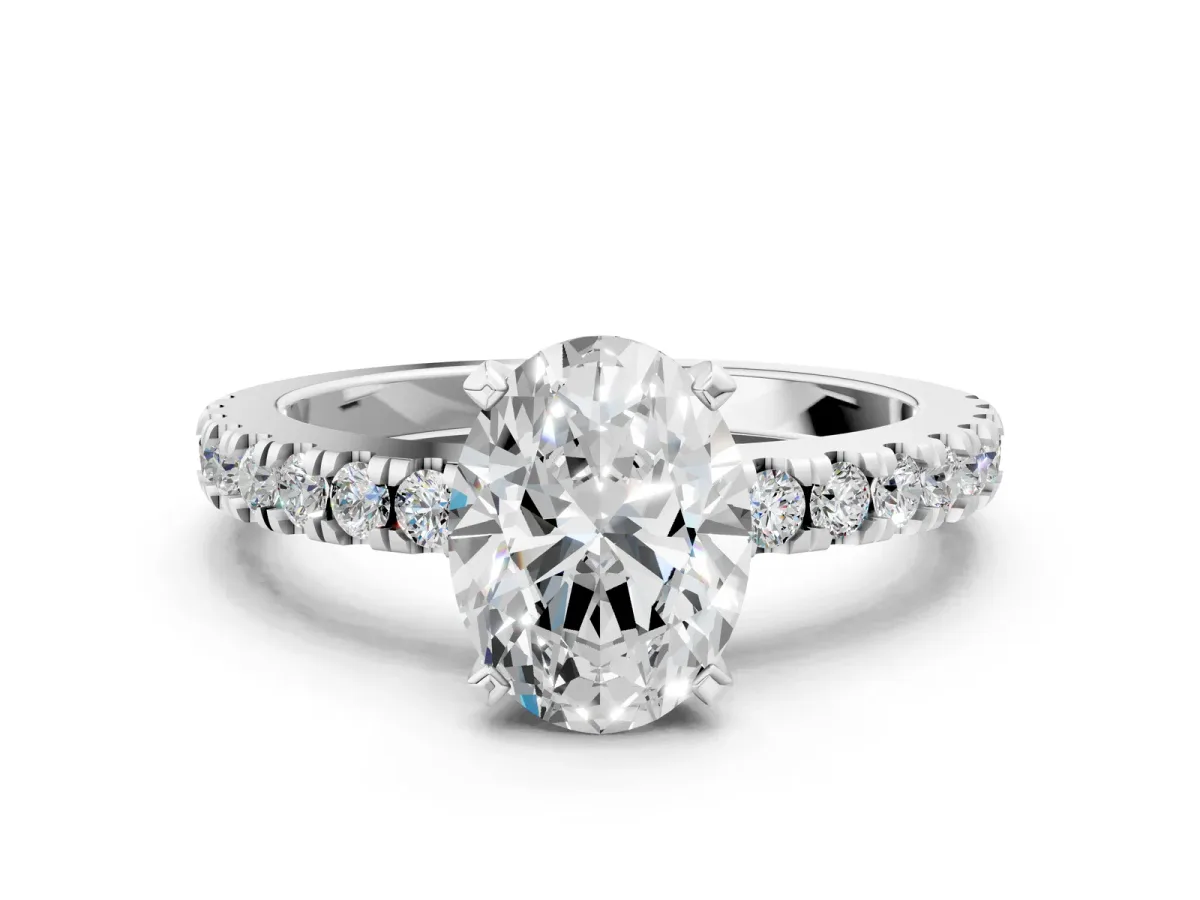 Oval Cut Solitaire Diamond with Pavé Band and Four-Prong Setting Silver