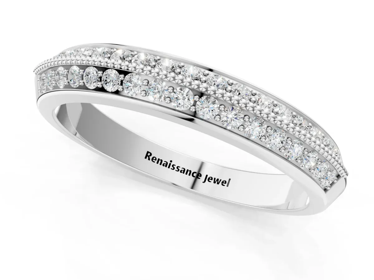 Round Diamond Pave Eternity Band with Milgrain Edging Silver