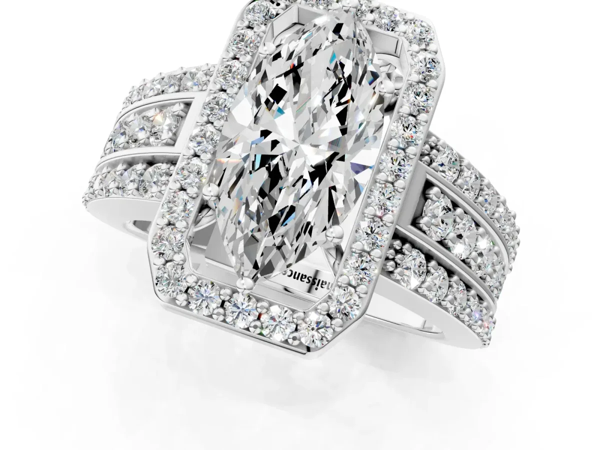 Marquise Cut Halo Diamond Ring with Round Split Shank and Prong Setting White gold
