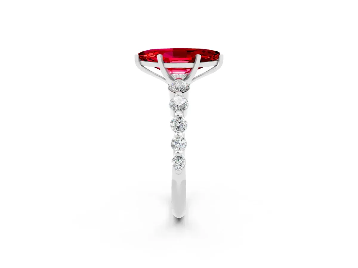 Marquise Cut Solitaire Ruby Ring with Pave Band and Four-Prong Setting Silver