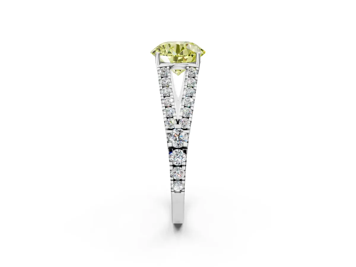 Fancy Yellow Round Cut Diamond Split Shank Engagement Ring with Round Pavé and Prong Setting Platinum