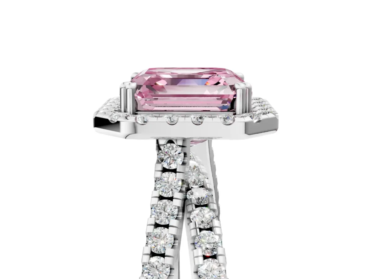 Fancy Pink Asscher Cut Halo Split Shank Diamond Ring with Pavé Setting Platinum