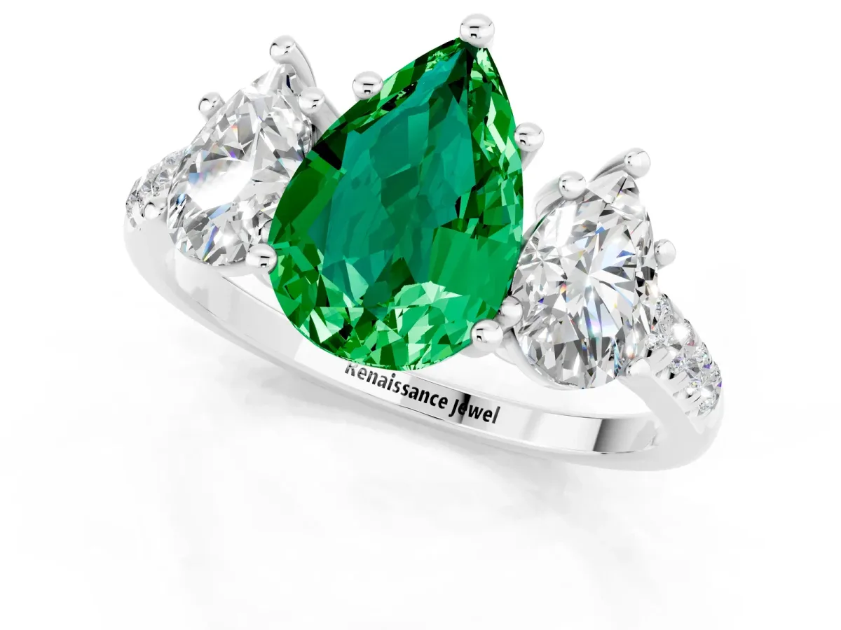 Three-Stone Pear Cut Emerald Ring with Round Pavé Band and Prong Setting Platinum