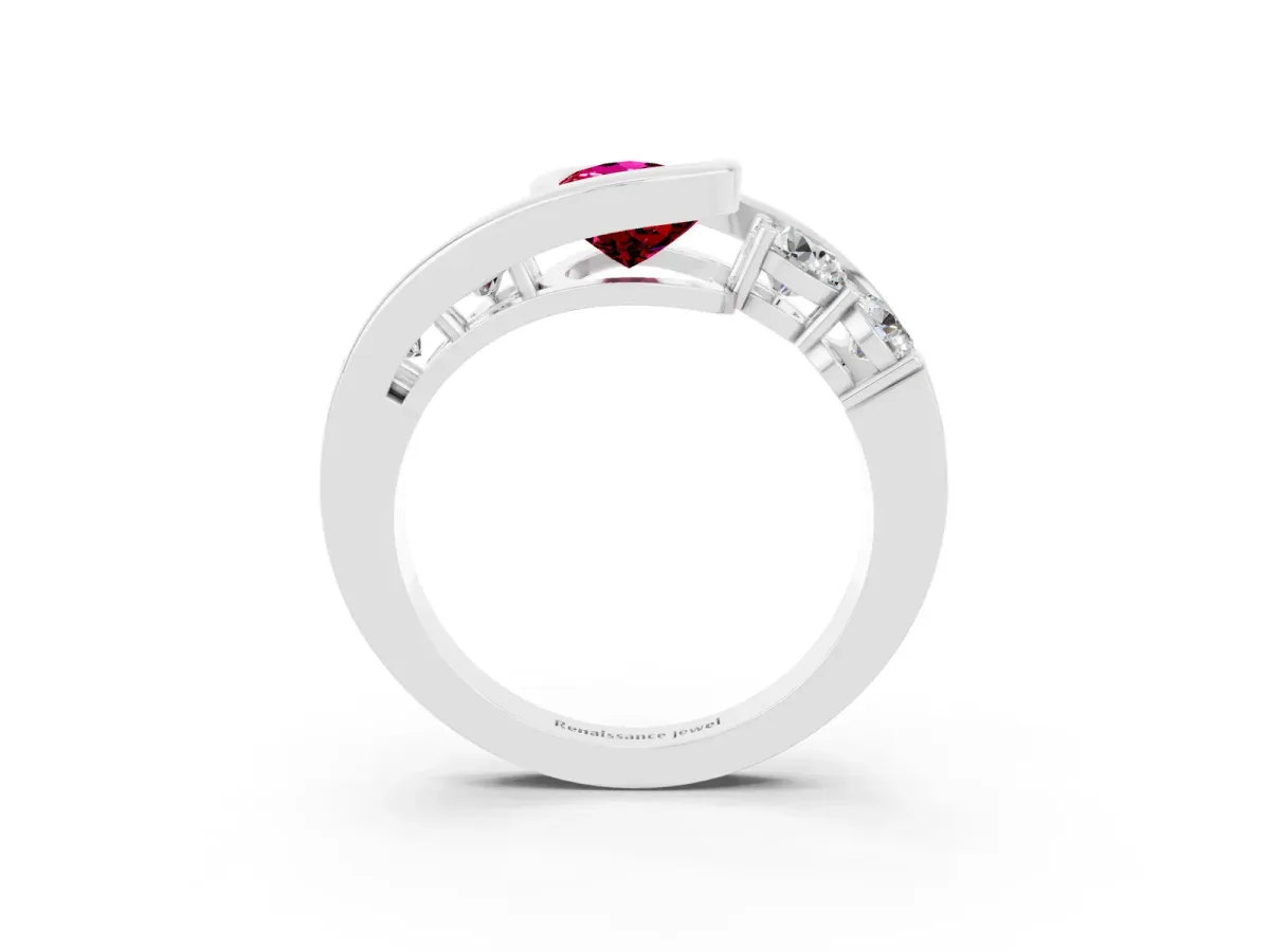 Bezel Set Pear Cut Garnet Bypass Ring with Round Accents Platinum