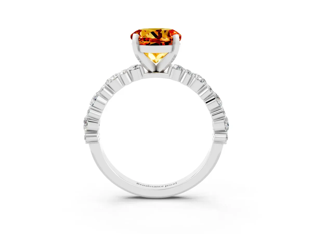 Round Cut Citrine Side Stone Solitaire Ring with Round and Four-Prong Setting Silver