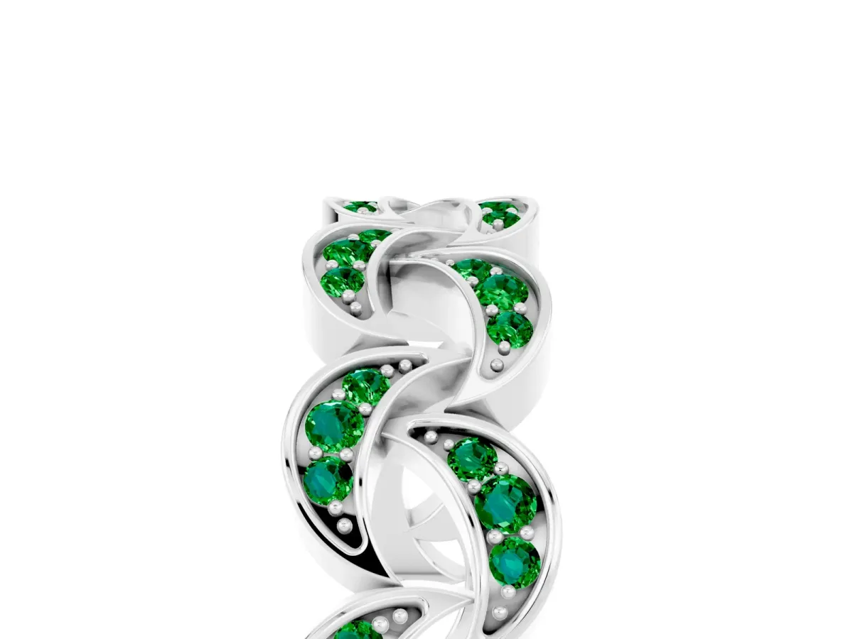 Pavé Round Emerald Interlocking Eternity Band with Bezel Prong Setting Platinum