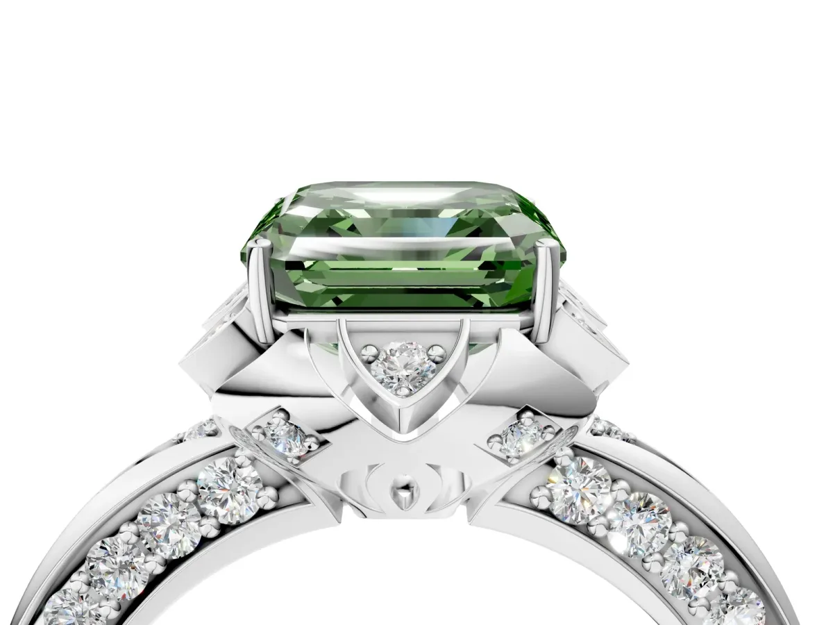 Fancy Green Asscher Cut Halo Split Shank Pave Diamond Ring with Petal Prong Setting Silver