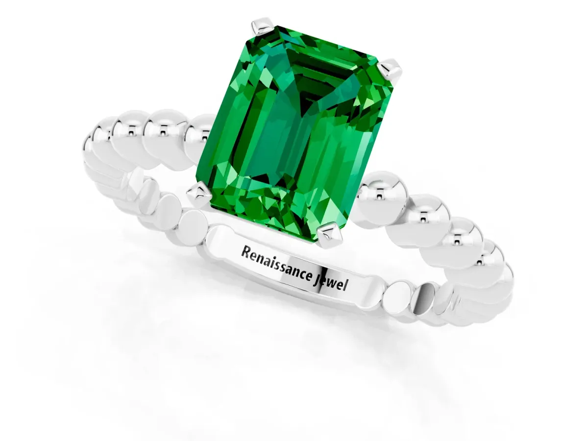 Emerald Cut Emerald Solitaire Ring with Beaded Band and Prong Setting Platinum