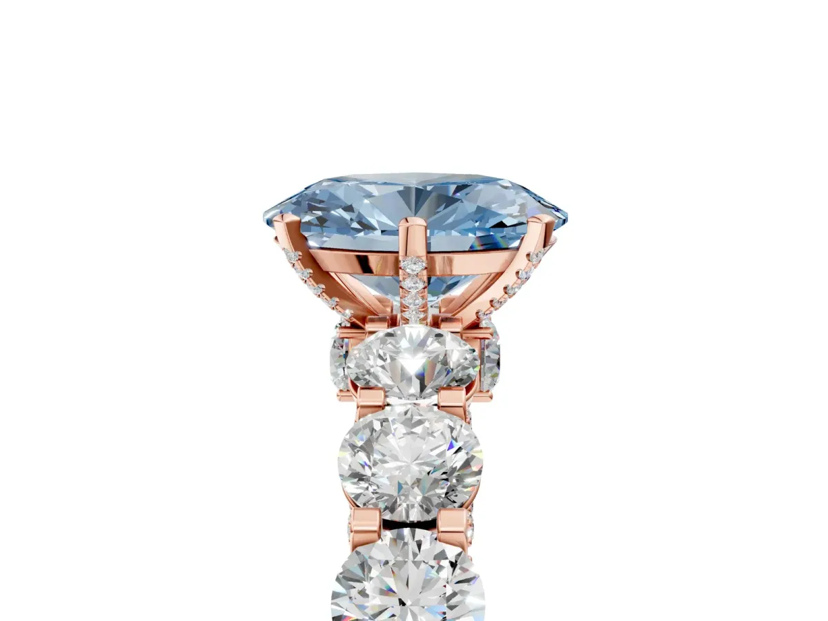 Fancy Blue Oval Cut Diamond Side Stone Engagement Ring with Four-Prong Setting Rose gold
