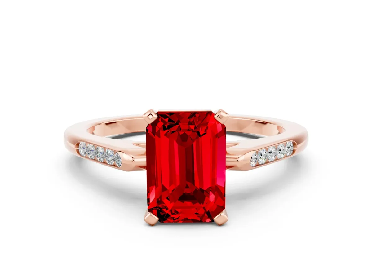 Emerald Cut Ruby Solitaire Ring with Channel Set Round Band and Prong Setting Rose gold
