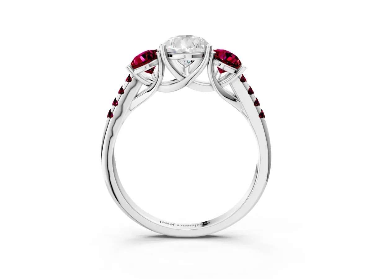 Three-Stone Pear Cut Diamond Ring with Round Garnet Pavé Band and Prong Setting Platinum
