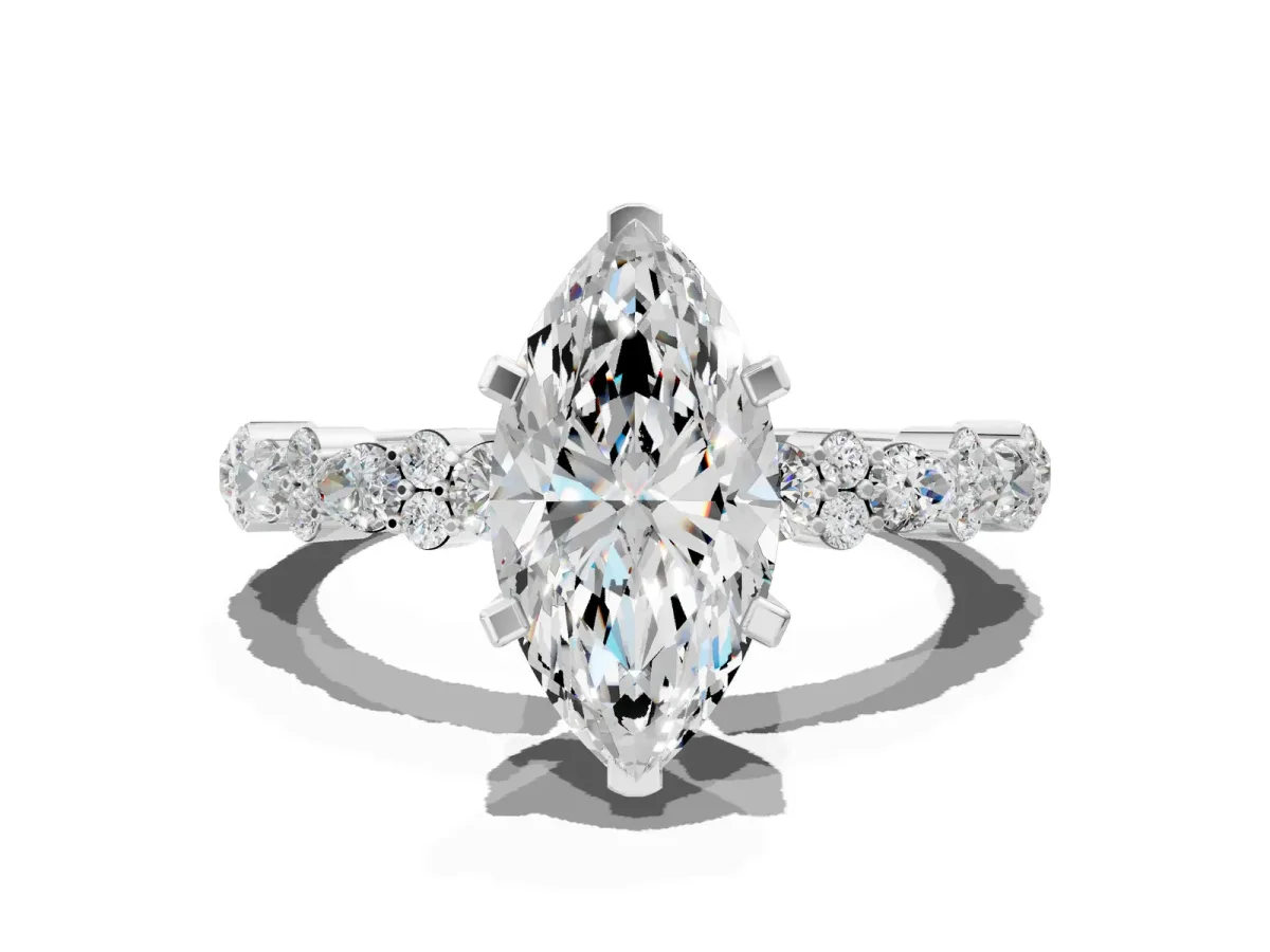 Marquise Cut Diamond Side Stone Solitaire Ring with Round and Four-Prong Setting Platinum