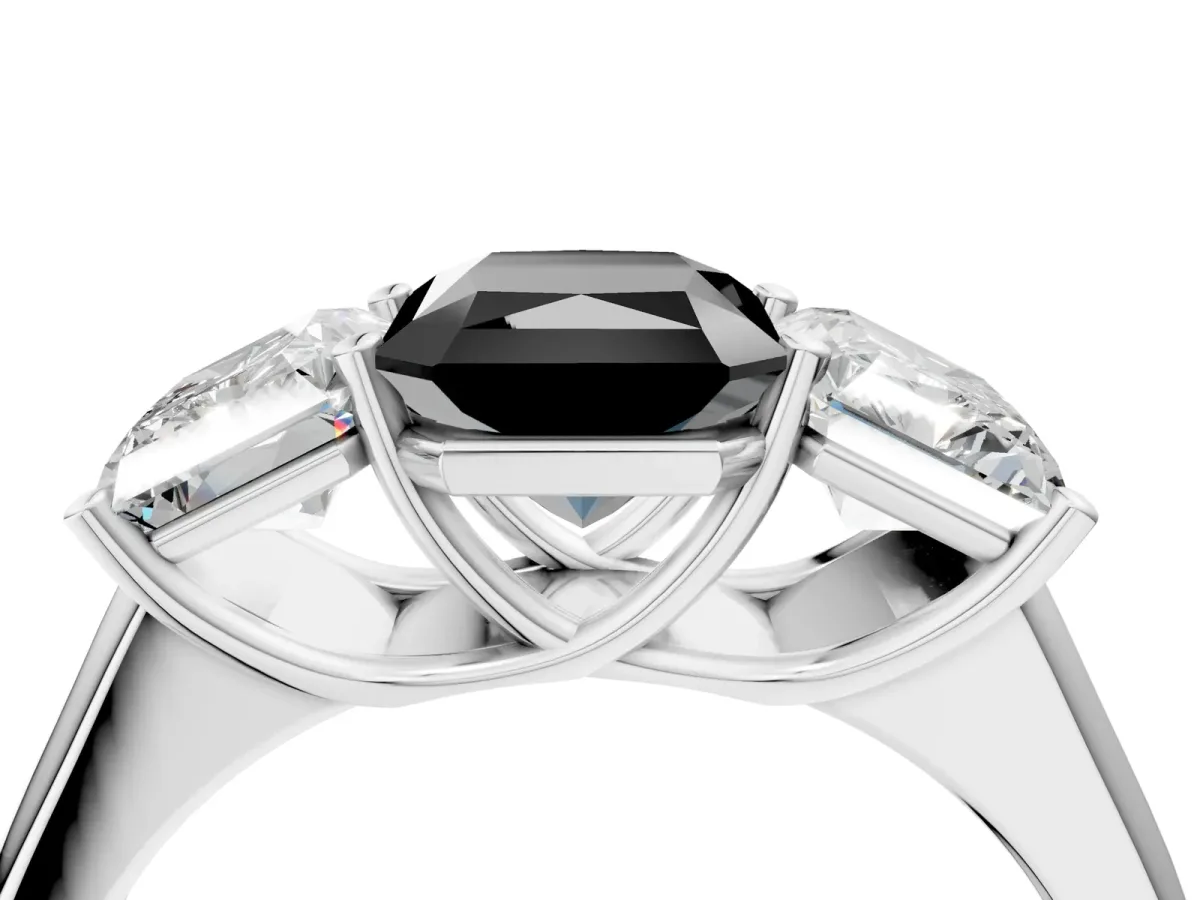 Fancy Black Radiant Cut Three-Stone Diamond Ring with Prong Setting on a Classic Band Platinum