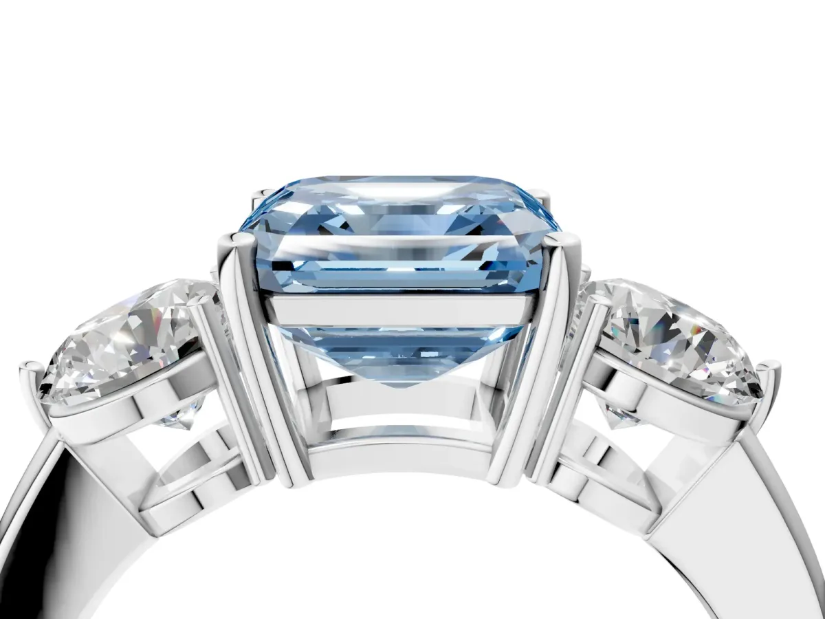 Fancy Blue Asscher Cut Diamond Three-Stone Ring with Prong Setting and Classic Band Platinum