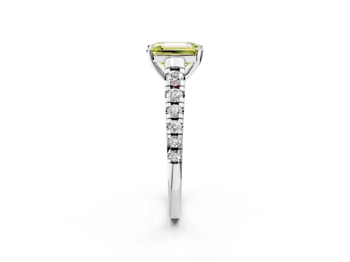 Fancy Yellow Emerald Cut Diamond Cathedral Solitaire Ring with Round Pavé Band Silver