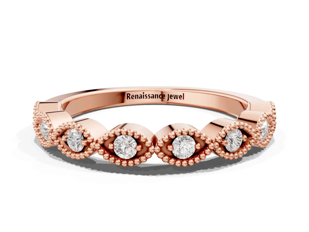 Milgrain Marquise Diamond Half Eternity Band with Bezel Setting Rose gold