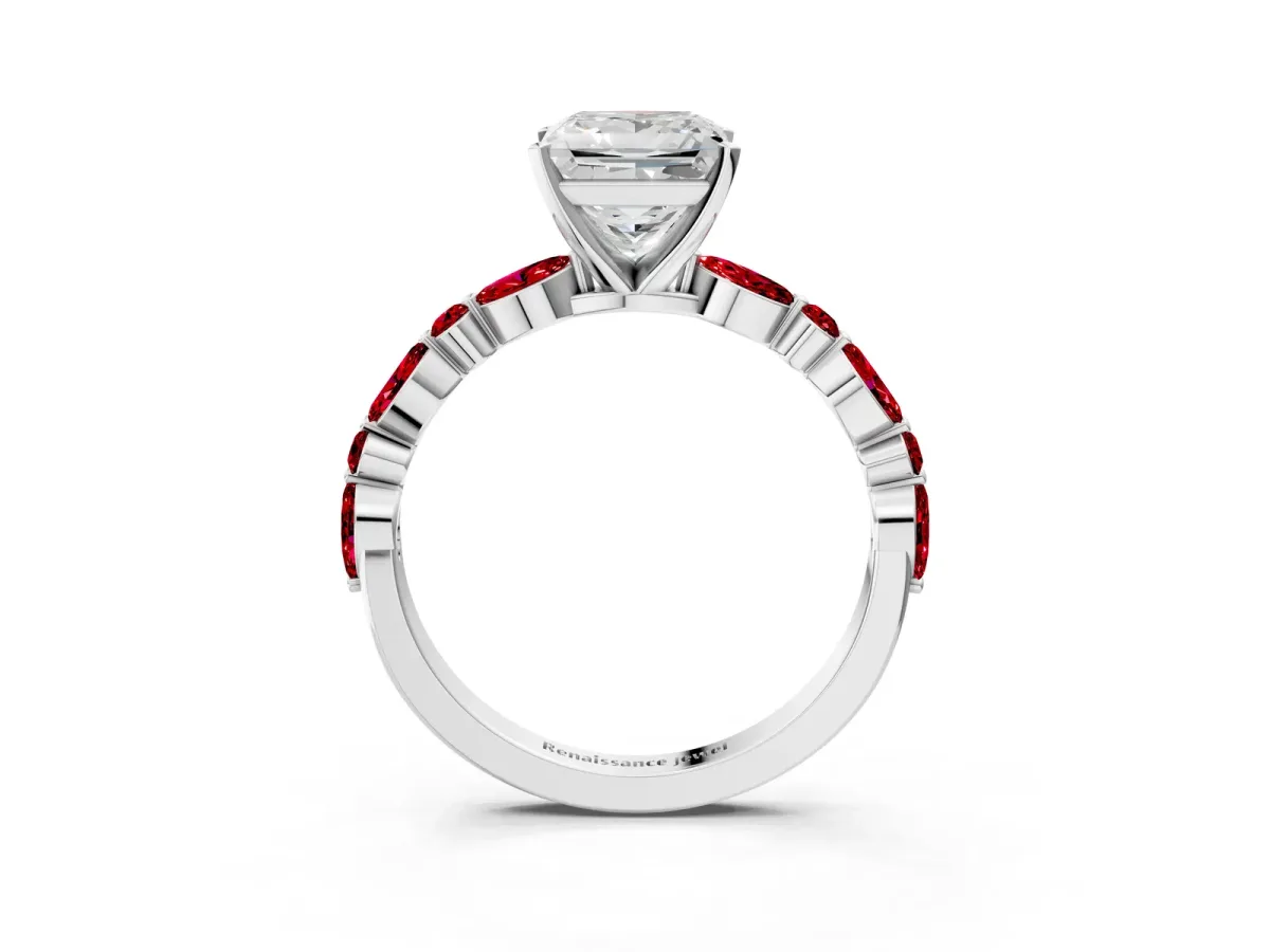 Princess Cut Diamond Ring with Marquise and Round Ruby Side Stones and Four-Prong Setting White gold