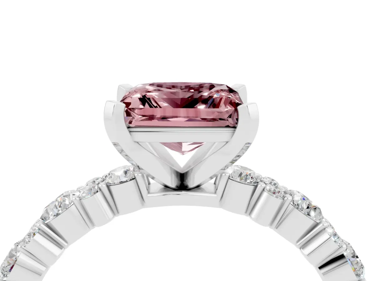 Princess Cut Morganite Side Stone Solitaire Ring with Round and Four-Prong Setting Platinum