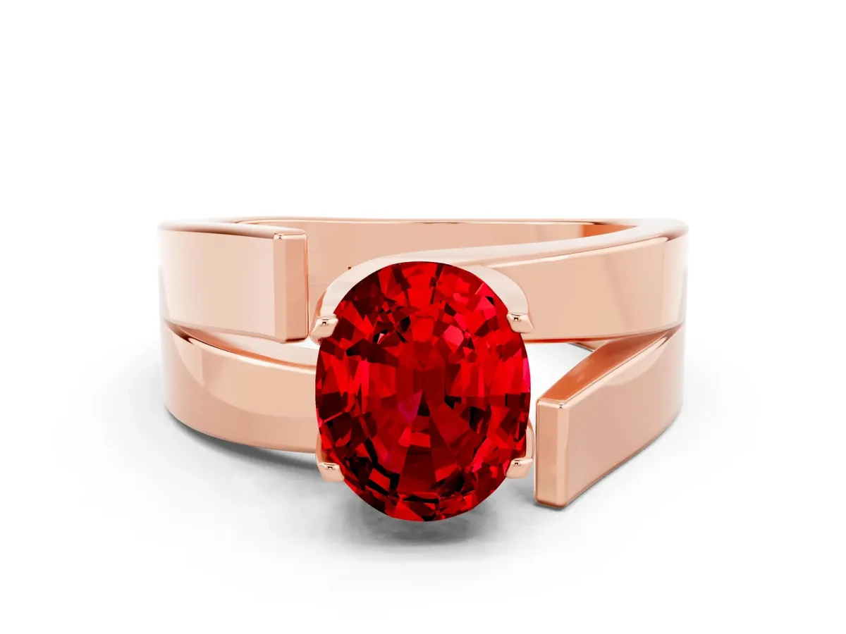 Modern Tension Set Oval Cut Ruby Solitaire Wide Band Ring Rose gold