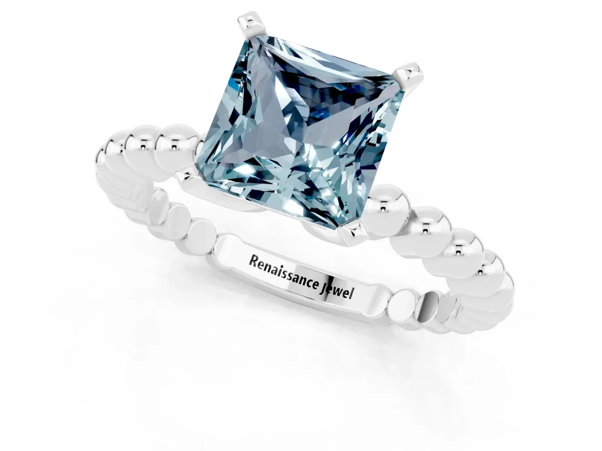 Princess Cut Aquamarine Solitaire Ring with Beaded Band and Prong Setting Silver