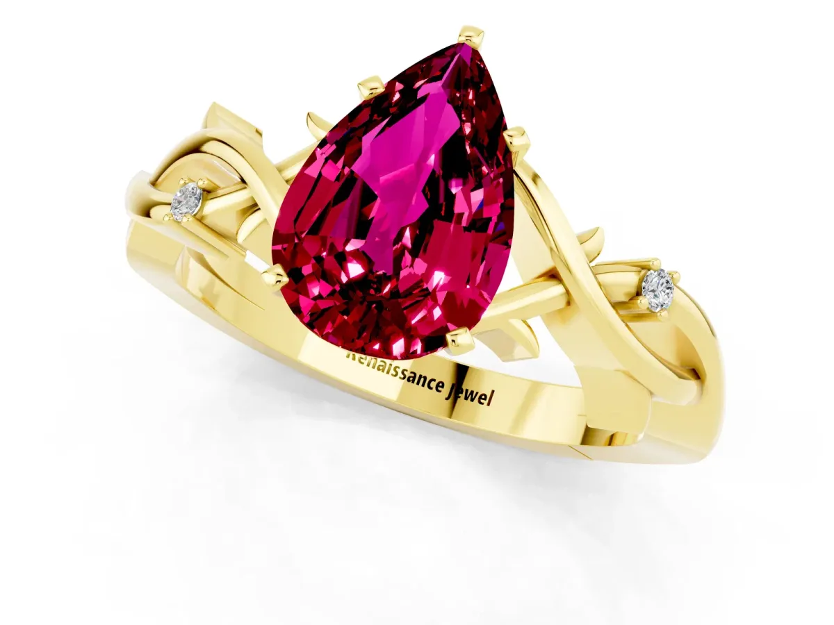 Pear Cut Garnet Solitaire Ring with Twisted Band and Prong Setting Yellow gold
