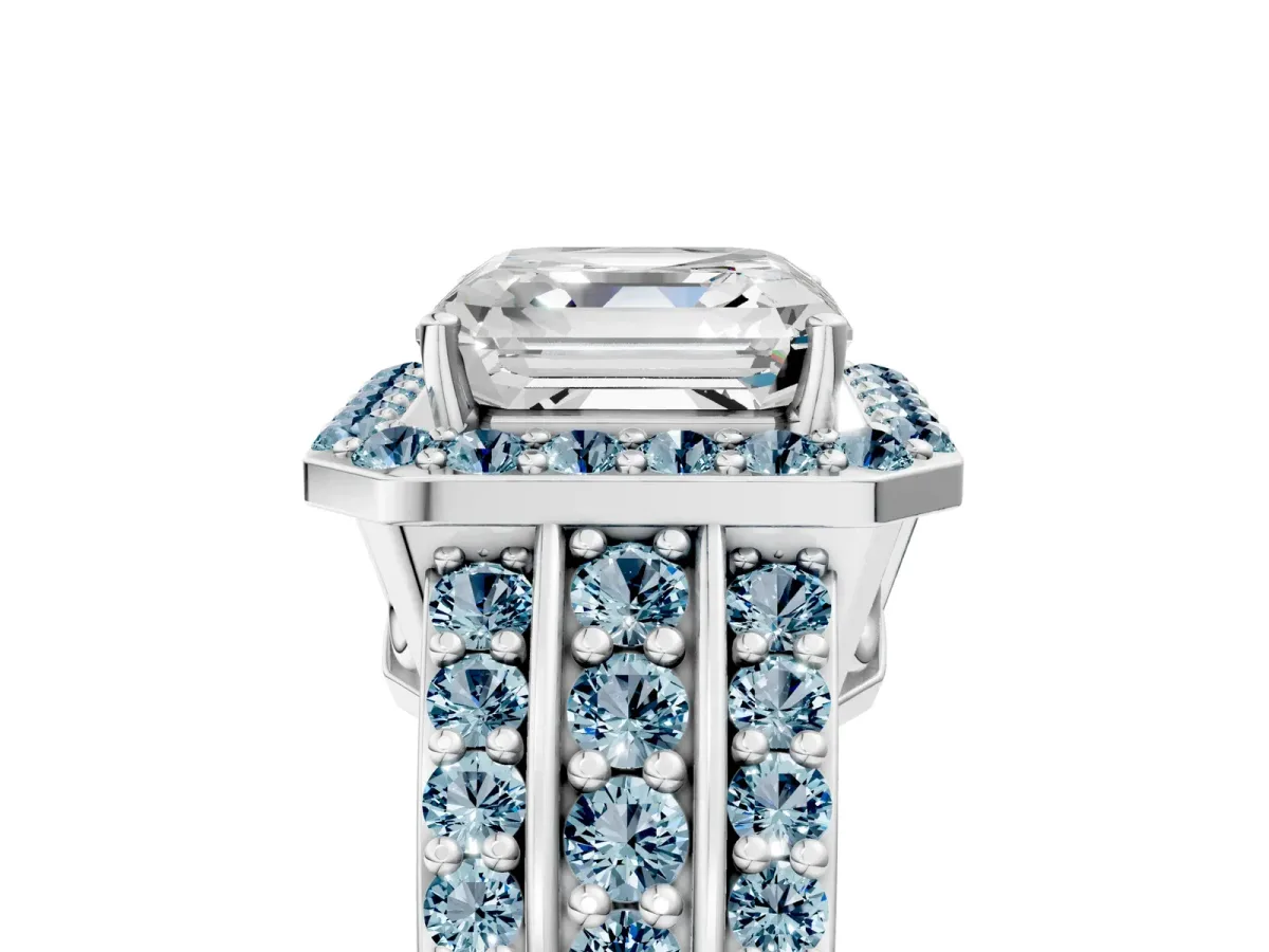 Asscher Cut Halo Diamond Ring with Round Aquamarine Split Shank and Prong Setting Silver