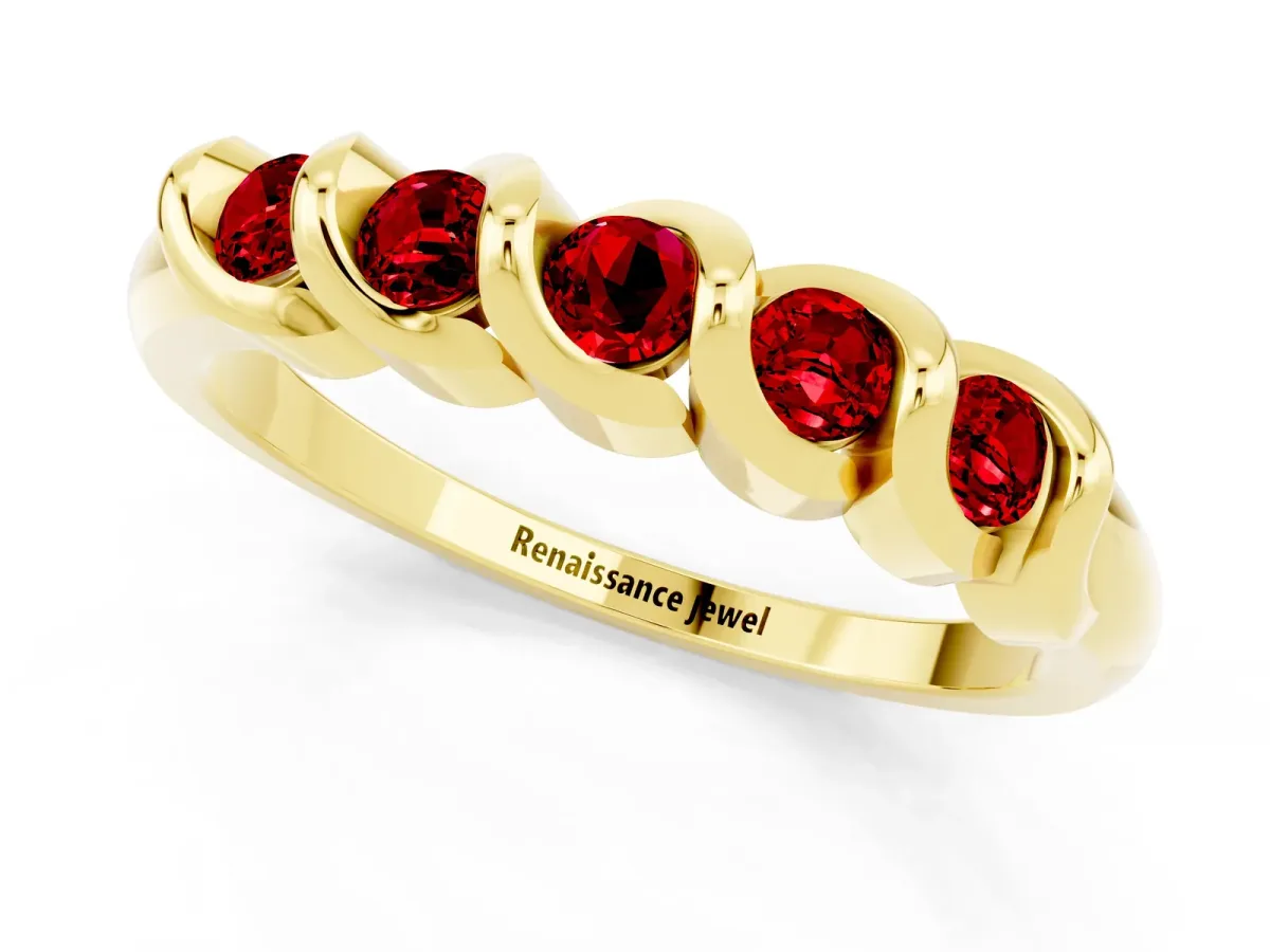Round Ruby Eternity Band with Twist Prong Setting Yellow gold