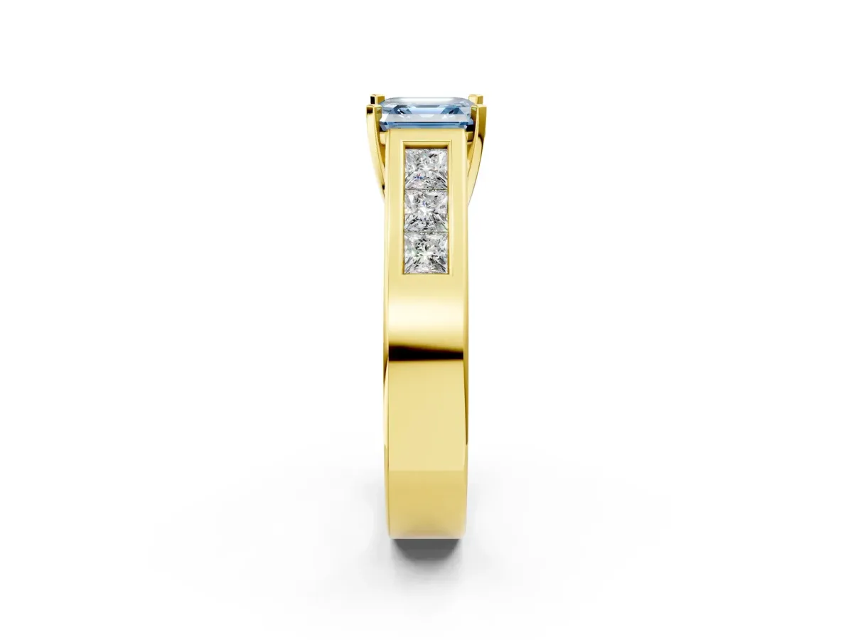 Fancy Blue Asscher Cut Cut Channel Set Solitaire Ring with Four-Prong Setting Yellow gold