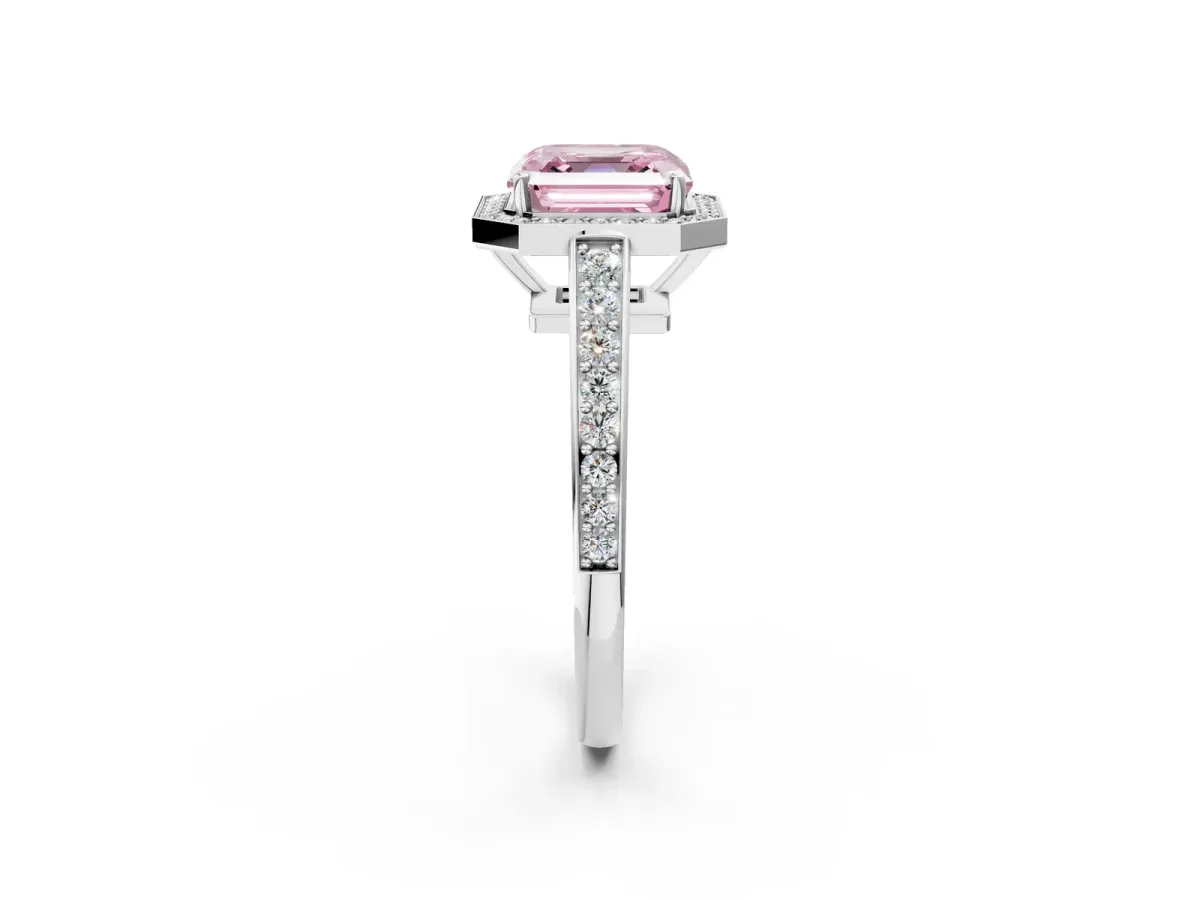 Fancy Pink Asscher Cut Halo Pavé Diamond Engagement Ring with Bezel Setting Silver