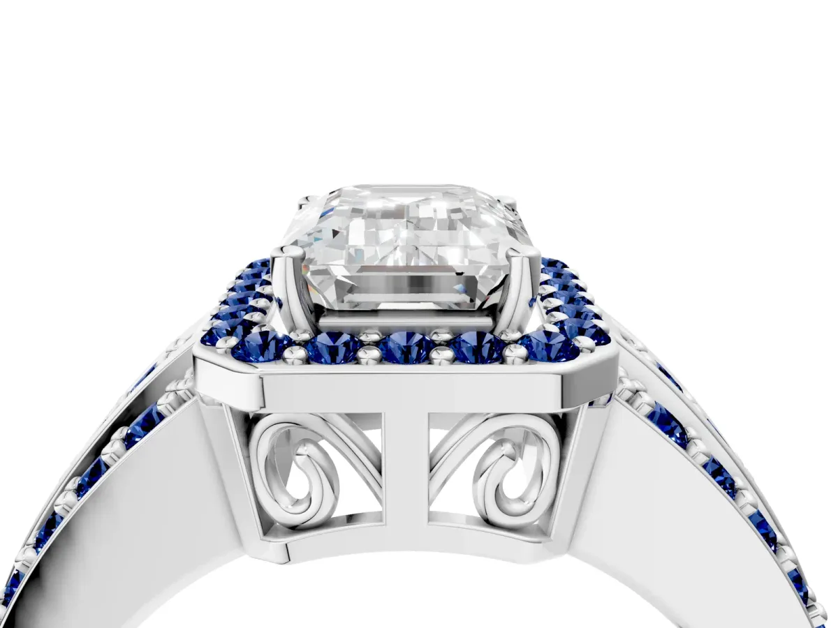 Emerald Cut Halo Diamond Ring with Round Blue Sapphire Split Shank and Prong Setting Platinum
