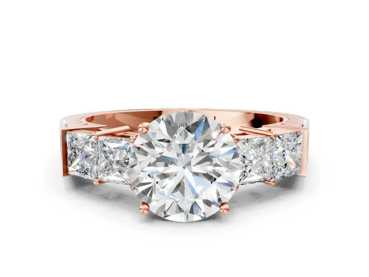Round Cut Solitaire Princess Side Stone Engraved Band Prong Setting Ring Rose gold