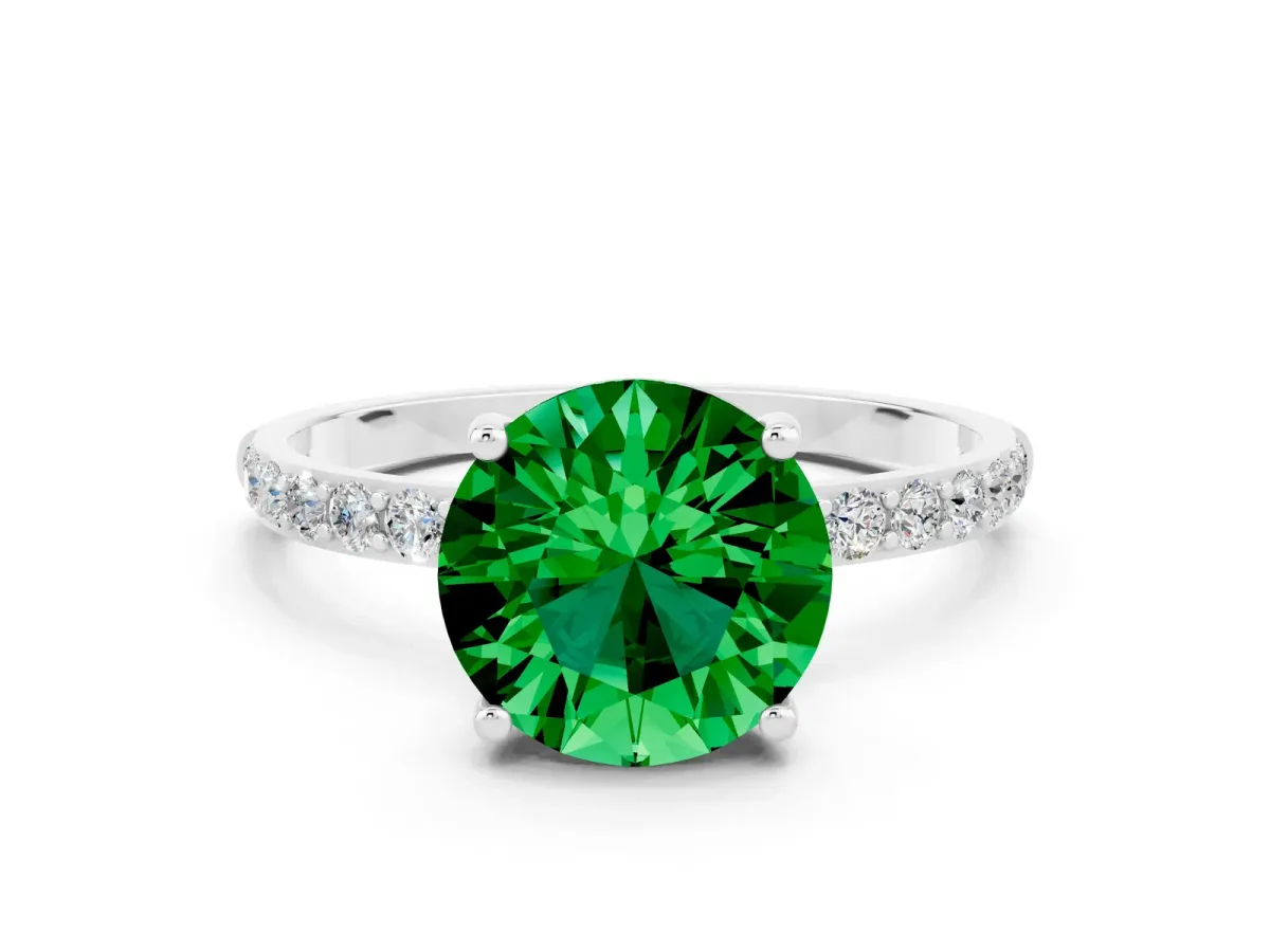 Round Cut Emerald Solitaire Ring with Round Pavé Band and Prong Setting Platinum