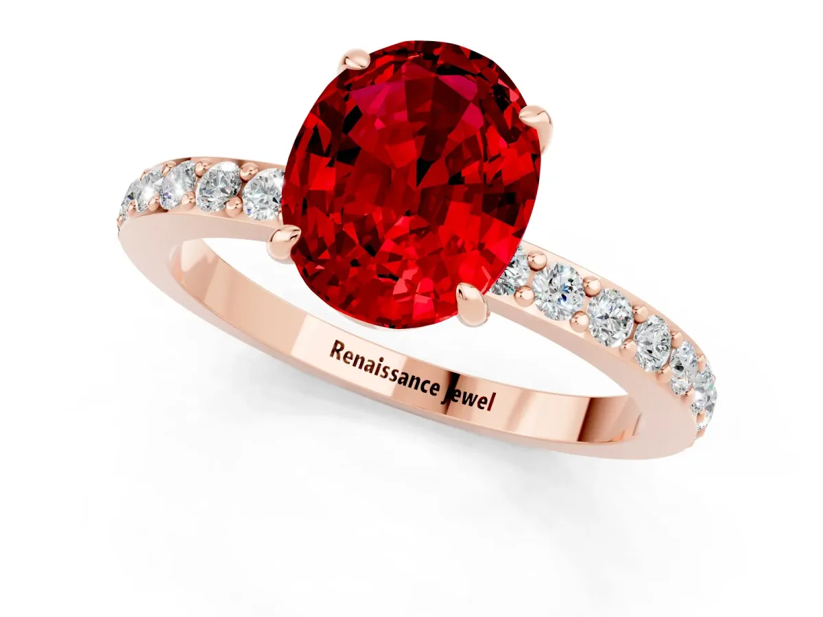 Oval Cut Ruby Solitaire Engagement Ring with Pavé Band and Four-Prong Setting Rose gold