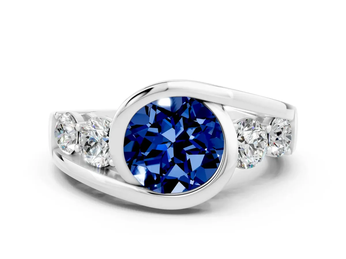 Bezel Set Round Cut Blue Sapphire Bypass Ring with Round Accents Platinum