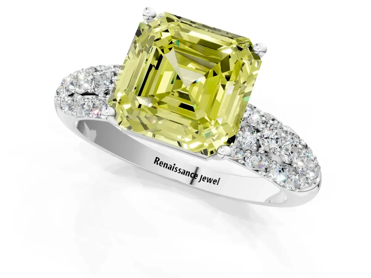 Fancy Yellow Asscher Cut Diamond Pavé Band Solitaire Ring with Four-Prong Setting Platinum