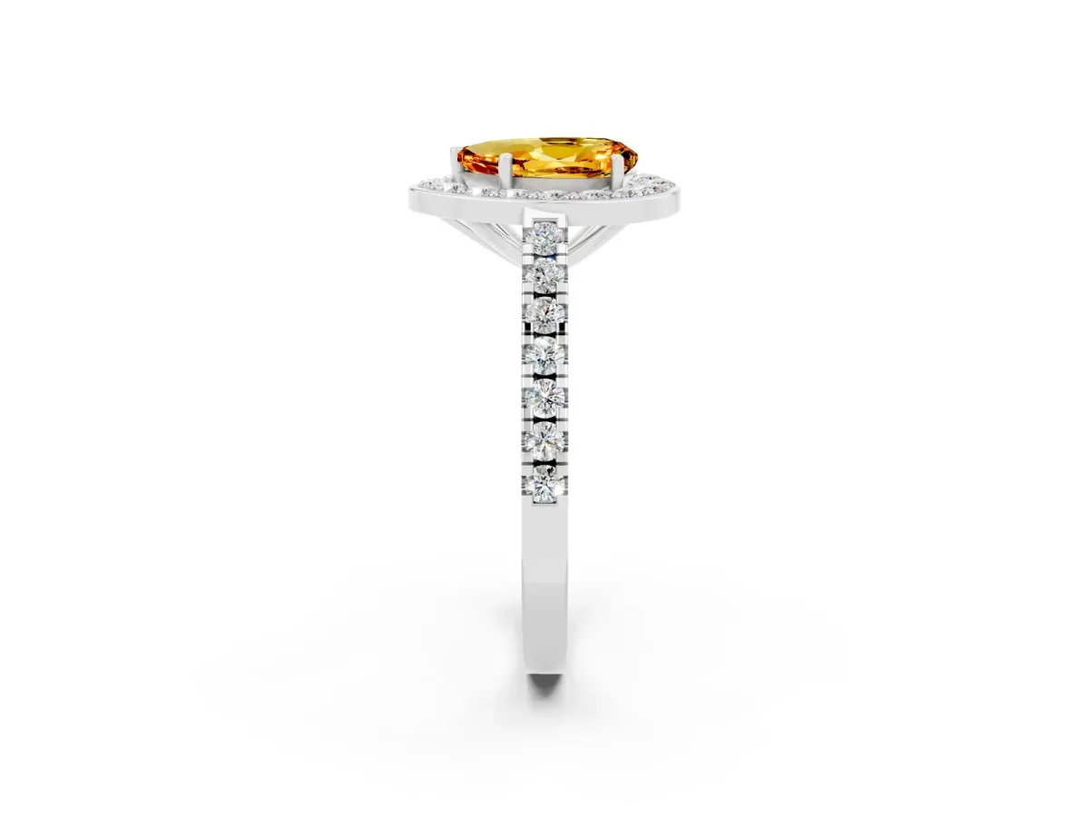 Pear Cut Citrine Halo Ring with Round Pavé Split Shank and Prong Setting Platinum