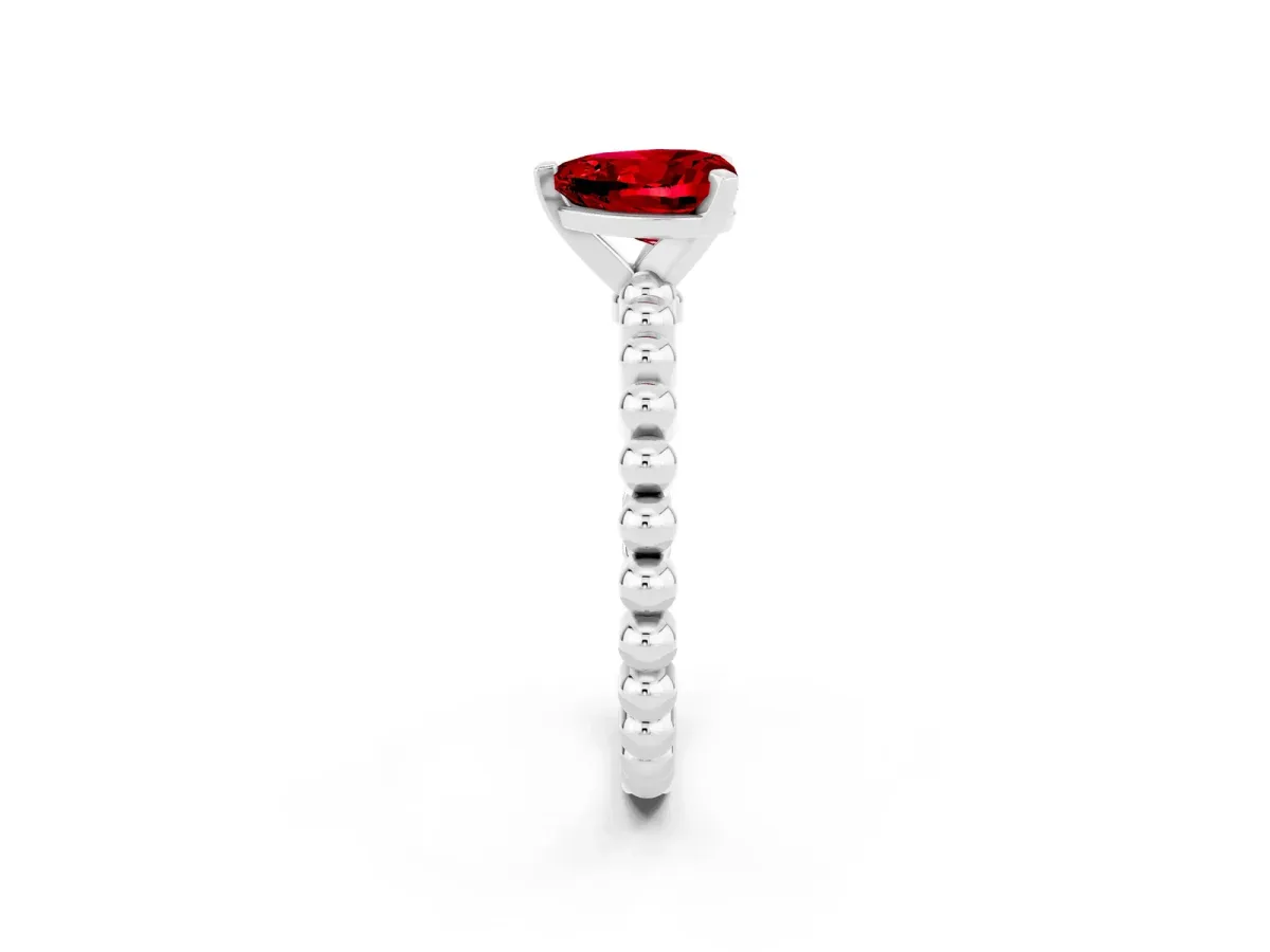 Heart Cut Ruby Solitaire Ring with Beaded Band and Prong Setting Platinum