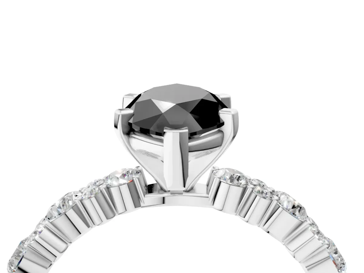Fancy Black Marquise Cut Diamond Side Stone Solitaire Ring with Round and Four-Prong Setting Silver